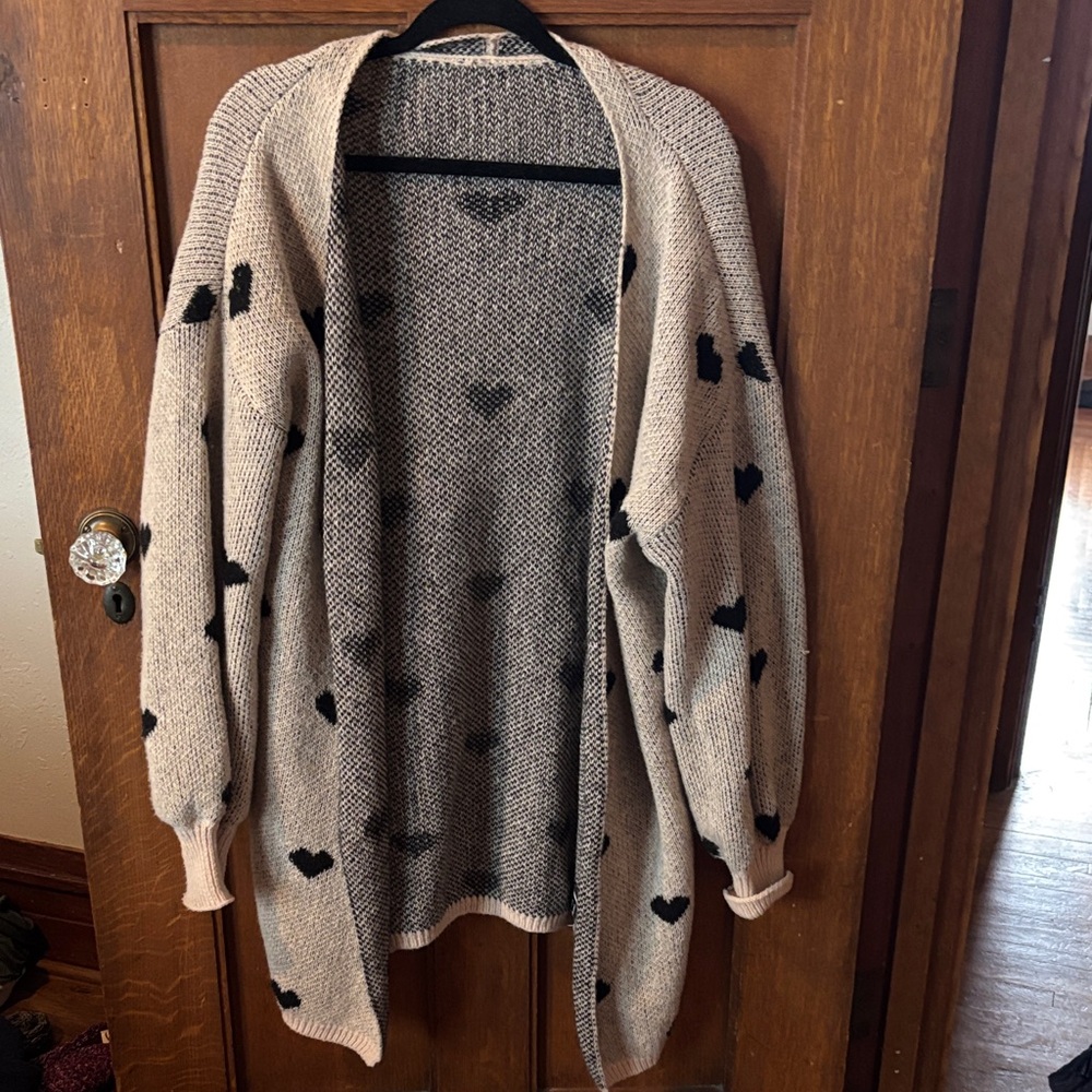 SHEIN Beige and Black Heart Cardigan